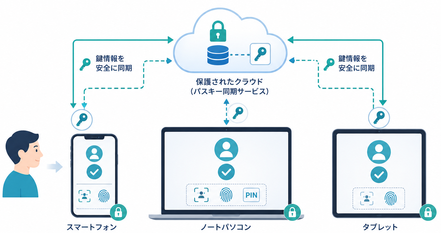 一人の利用者がスマートフォン、ノートパソコン、タブレットを使い、保護されたクラウド経由でパスキーを同期している様子を示すインフォグラフィック。顔や指紋は端末内に留まり、鍵情報だけが安全に同期されることを図示。