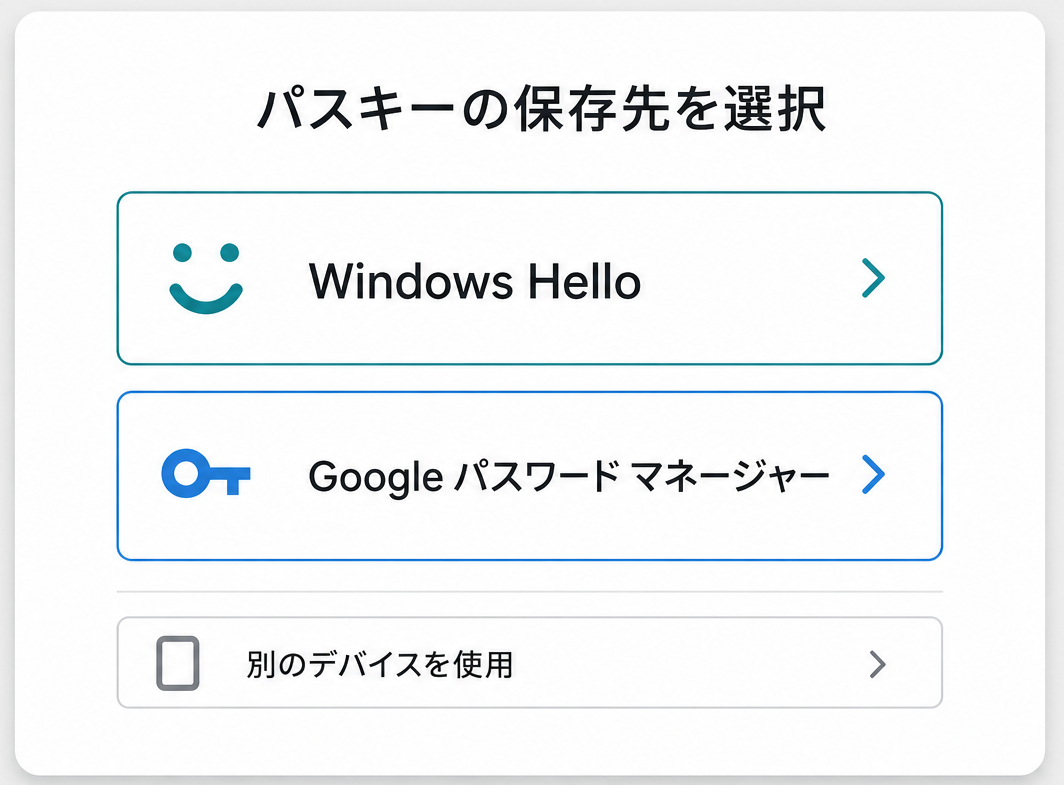 WindowsでWindows HelloまたはGoogle パスワード マネージャーからパスキーの保存先を選ぶ再現イメージ