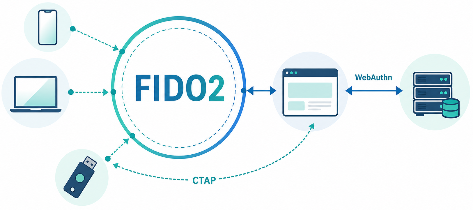 中央にFIDO2を配置し、Webサービスとブラウザの間をWebAuthn、ブラウザと外部セキュリティキーの間をCTAPで接続する規格関係図。スマートフォン、パソコン、ブラウザ、Webサーバ、セキュリティキーを配置した横長ワイドのシンプルなインフォグラフィック。白背景、青緑系、画像内の文章はFIDO2、WebAuthn、CTAPなどの用語名だけに限定する。