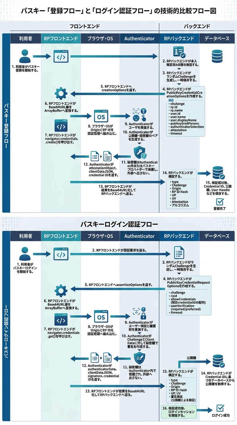 上段にパスキー登録、下段にパスキーログイン認証を配置し、RPサーバ、ブラウザ、OS、Authenticator、データベースの間を矢印で結ぶ横長ワイドの技術インフォグラフィック。登録ではChallenge、鍵生成、公開鍵保存、認証ではChallenge、秘密鍵署名、公開鍵検証を表現し、秘密鍵は端末から出ないことを強調する。文章は処理名だけに限定し、白背景、青緑系の法人向けデザインとする。