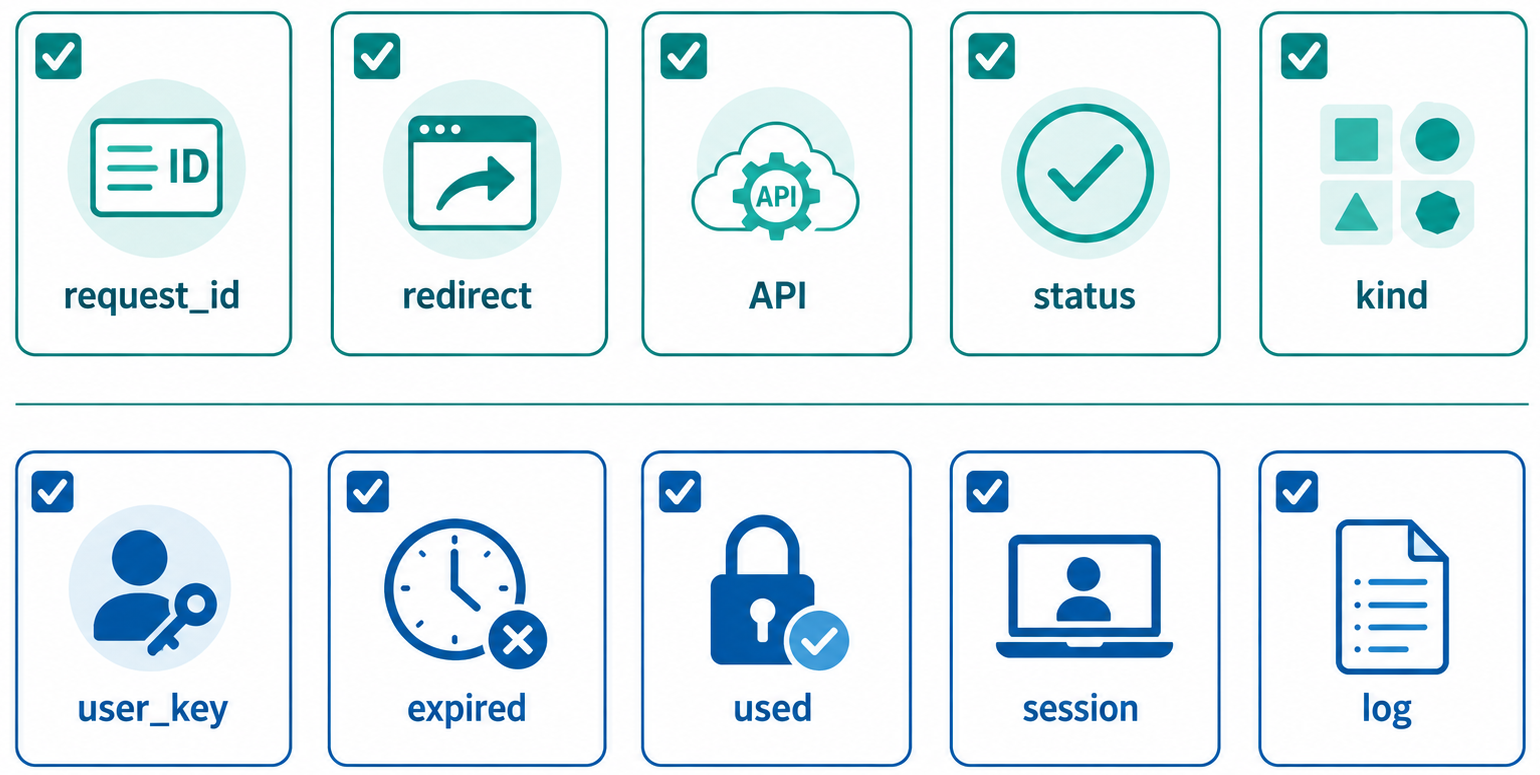 認証結果連携の動作確認項目をrequest_id、redirect、API、status、kind、user_key、expired、used、session、logの10項目に分けた2段構成のチェックリスト型インフォグラフィック。横長ワイド、白背景、青緑系、法人向け。画像内のテキストは各項目名だけに限定し、説明文章はできるだけ排除する。