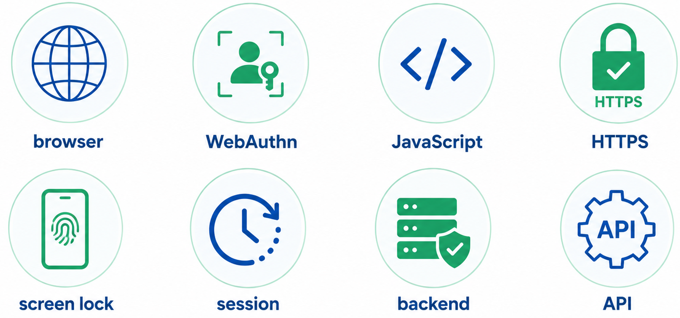 Push! Passkeyの基本動作要件をbrowser、WebAuthn、JavaScript、HTTPS、screen lock、session、backend、APIの8項目に分けた横長ワイドの法人向けインフォグラフィック。白背景、青緑系。画像内のテキストはbrowser、WebAuthn、JavaScript、HTTPS、screen lock、session、backend、APIなど必要最低限の短い用語だけとし、説明文章はできるだけ排除する。