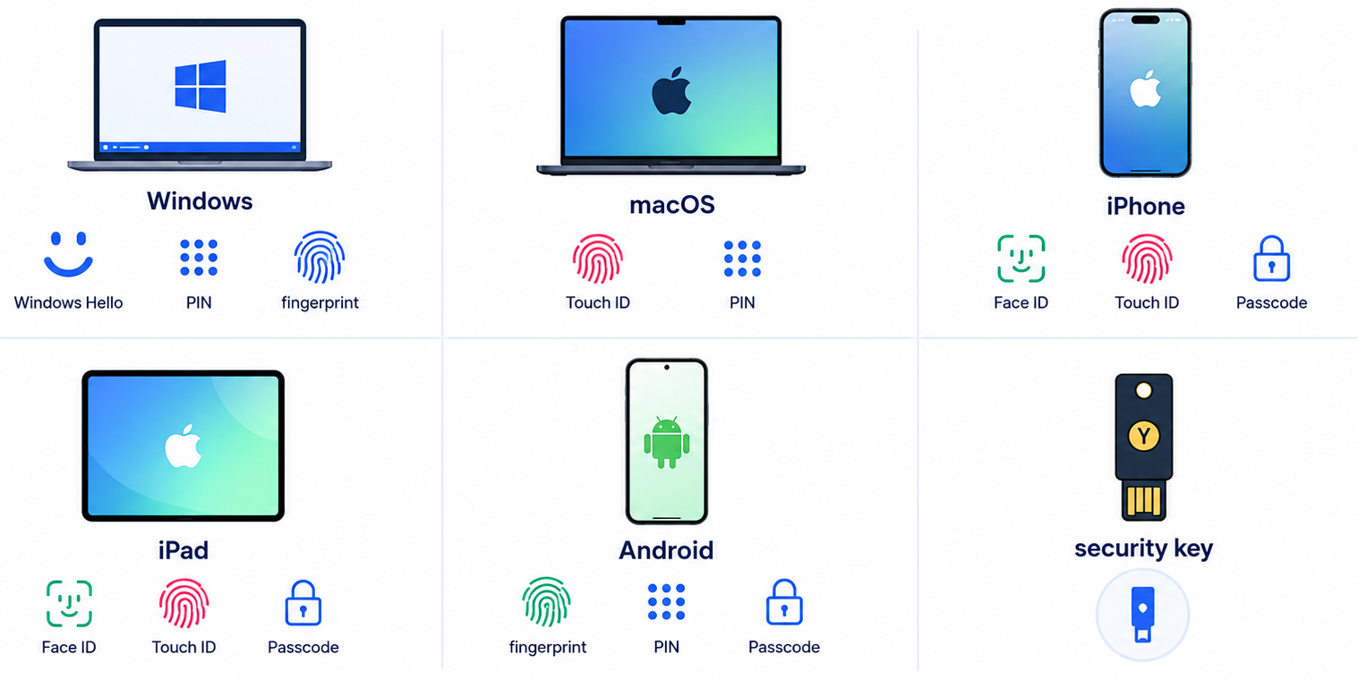 Push! Passkeyの対応端末をWindows、macOS、iPhone、iPad、Android、security keyに分け、Windows Hello、Touch ID、Face ID、PIN、fingerprintなどの本人確認方法をアイコン中心で示す横長ワイドの法人向けインフォグラフィック。白背景、青緑系。画像内のテキストはWindows、macOS、iPhone、iPad、Android、security key、PINなど必要最低限の短い用語だけとし、説明文章はできるだけ排除する。